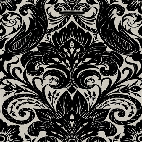 Damask Textured Flocked Black Wallpaper