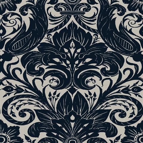 Damask Textured Flocked Blue Wallpaper