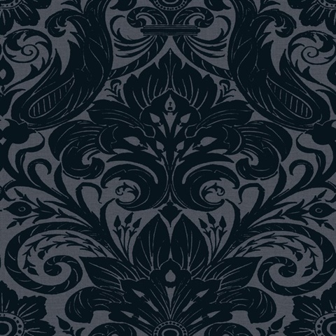 Damask Textured Flocked Blue Wallpaper