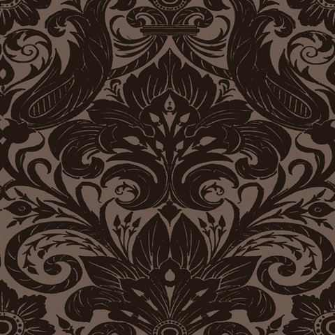 Damask Textured Flocked Bronze Brown Wallpaper