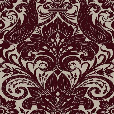 Damask Textured Flocked Red Wallpaper