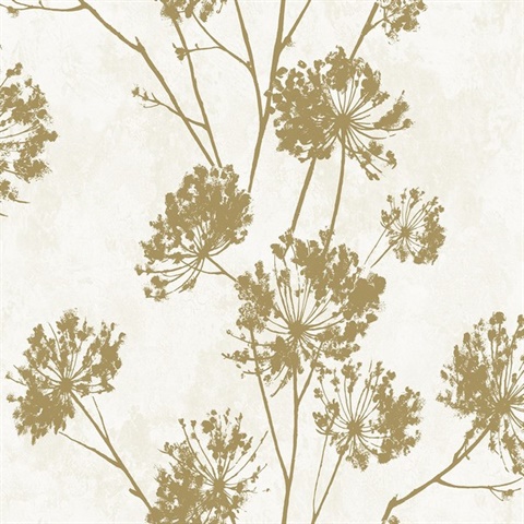 Dandelion Floral Botanical Metallic Gold Peel and Stick Wallpaper