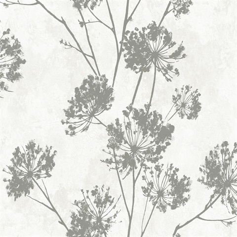 Dandelion Floral Botanical Metallic Silver Peel and Stick Wallpaper