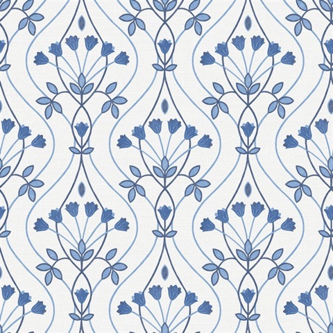 Dard Blue Tulip Floral Ogee Wallpaper