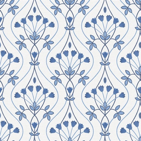 Dard Blue Tulip Floral Ogee Wallpaper