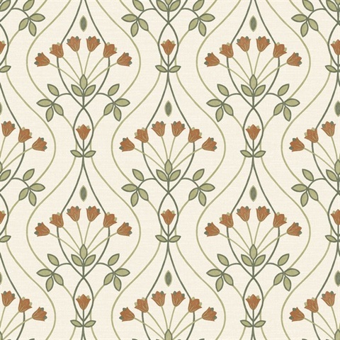 Dard Green Tulip Floral Ogee Wallpaper