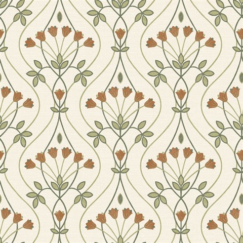 Dard Green Tulip Floral Ogee Wallpaper