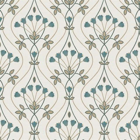 Dard Teal Tulip Floral Ogee Wallpaper