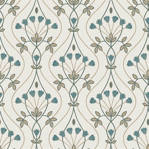 Dard Teal Tulip Floral Ogee Wallpaper