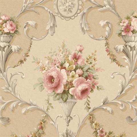 Dark Beige Ornate Floral Scroll Wallpaper