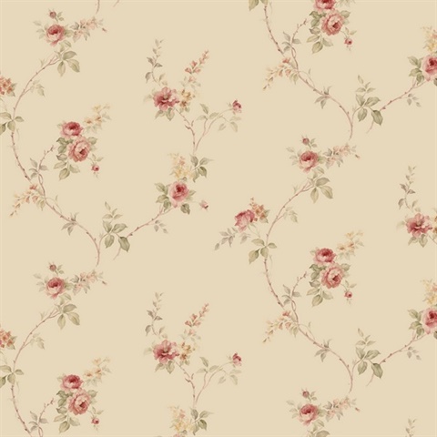 Dark Beige & Pink Wedding Petite Floral Trail Wallpaper