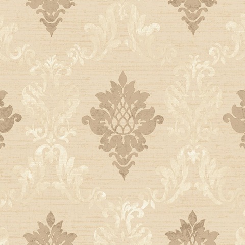 Dark Beige Silk Damask Textured Wallpaper