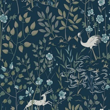 Dark Blue Aspen Deer &amp; Botanical Scandinavian Wallpaper