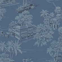 Dark Blue & Blue Old Colonial Charleston Town Toile Wallpaper