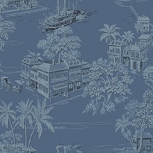 Dark Blue &amp; Blue Old Colonial Charleston Town Toile Wallpaper