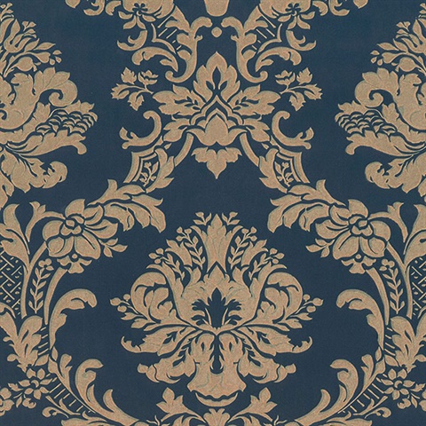 Dark Blue Brixham Raised Damask