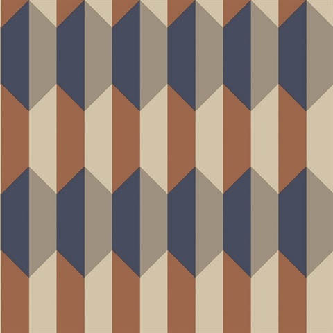 Dark Blue & Burnt Orange Charleston 3D Geometric Wallpaper