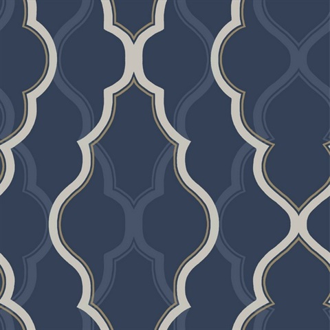 Dark Blue Double Damask Metallic Ogee Wallpaper