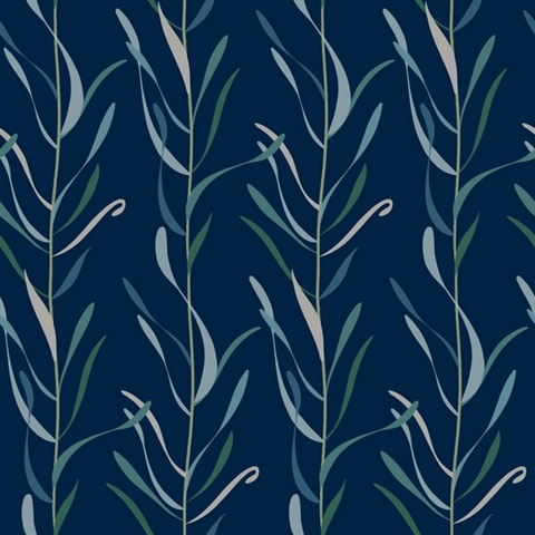 Dark Blue & Green Chloe Vine Vertical Stripe Wallpaper