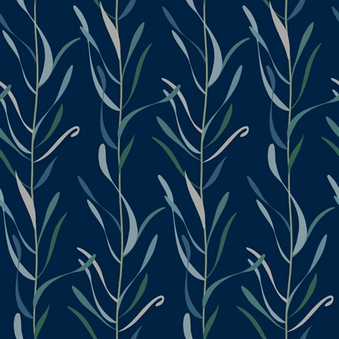 Dark Blue & Green Chloe Vine Vertical Stripe Wallpaper