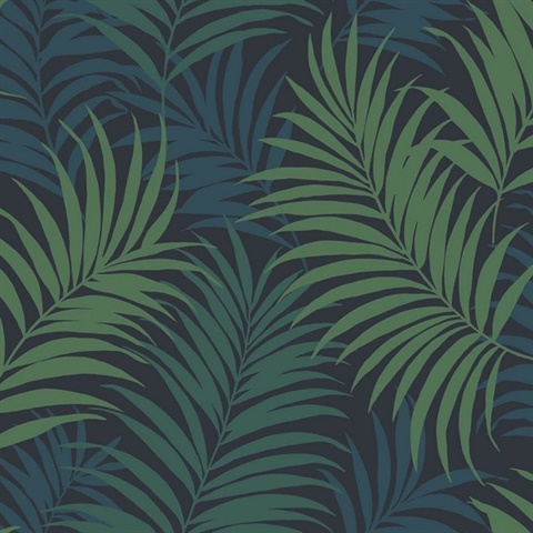 LN10112 | Dark Blue, Green & Turquoise Tropical Large Palm Leaf Wallpaper