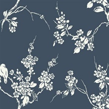 Dark Blue Imperial Floral Blossoms Branch Prepasted Wallpaper
