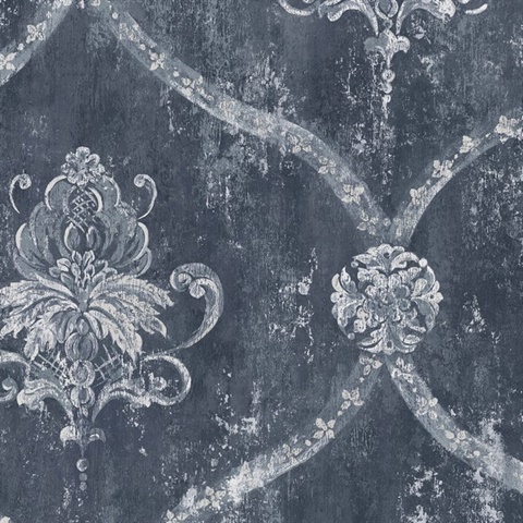 Dark Blue Large Weathered Damask Wallpaper
