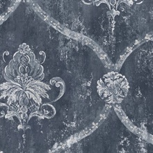 Dark Blue Large Weathered Damask Wallpaper