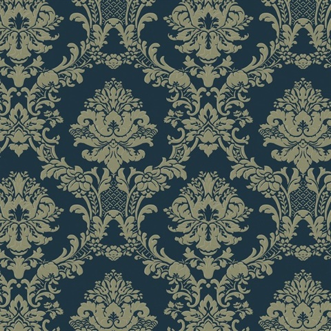 Dark Blue Ornate Classic Damask Wallpaper