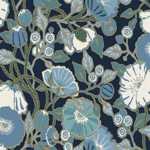 Dark Blue Vincent Poppies Floral Wallpaper
