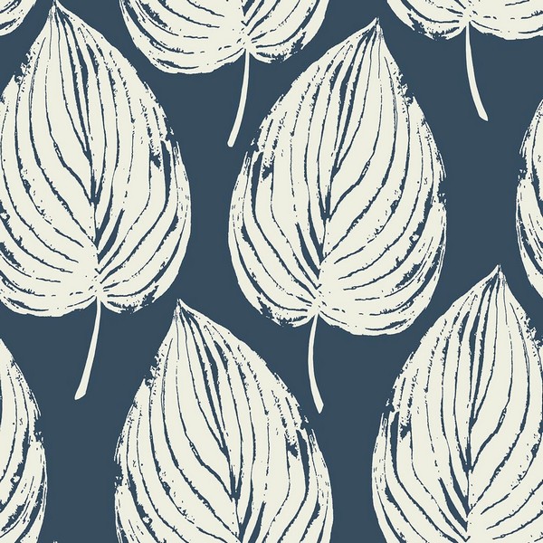 Dark Blue & White Commercial Large Leaf Wallpaper | Dark Blue Large