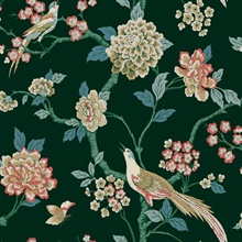 Dark Green Fanciful Floral Bird on Branch Wallpaper