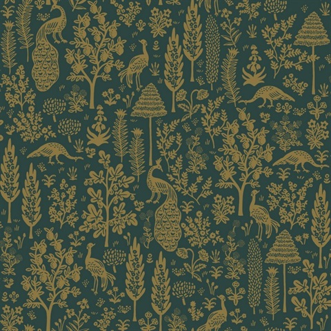 Dark Green & Gold Menagerie Toile Wallpaper