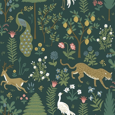 Dark Green Menagerie Animal Forest Themed Wallpaper