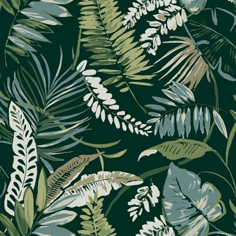 Dark Green Tropical Toss Leaf &amp; Fern Floral Wallpaper