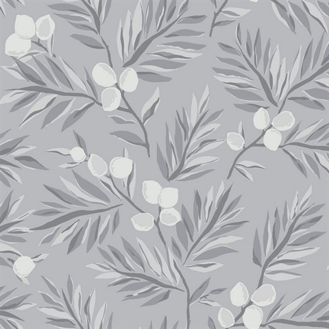Dark Grey, Grey & White Plums and Leaves Wallpaper