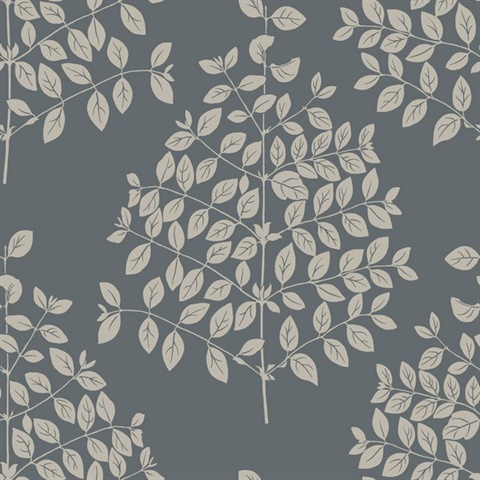 Dark Grey Tender Block Print Textured Leaf Branch Wallpaper