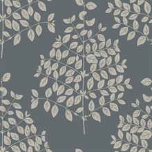 Dark Grey Tender Block Print Textured Leaf Branch Wallpaper