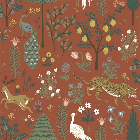 Dark Orange Menagerie Animal Forest Themed Wallpaper