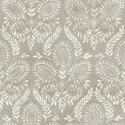 Dark Taupe Laurel Leaf Damask Wallpaper