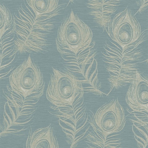 Dark Teal Regal Peacock Feather Faux Silk Wallpaper