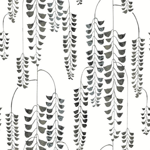 Grey & Metallic Deco Wisteria Hanging Plants Wallpaper