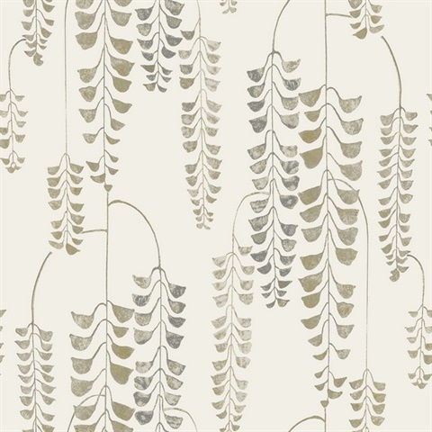 Gold & Grey Deco Wisteria Hanging Plants Wallpaper