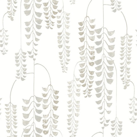White & Greige Deco Wisteria Hanging Plants Wallpaper