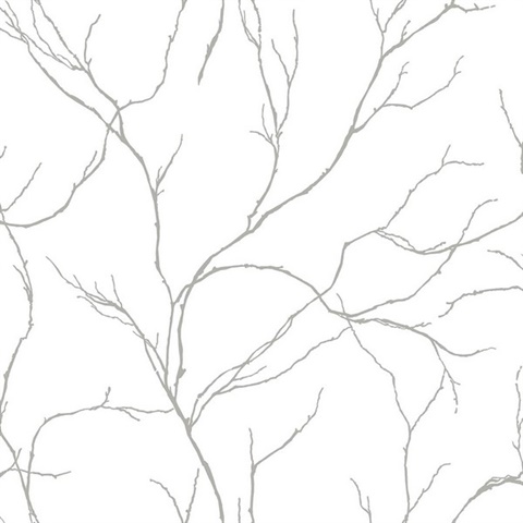 Delicate Branches Botanical Metallic Silver Peel and Stick Wallpaper