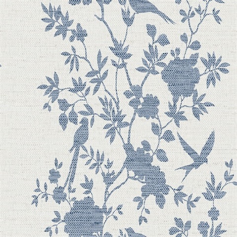 Denim Blue Aloha Bird Trail Linen Texture Wallpaper