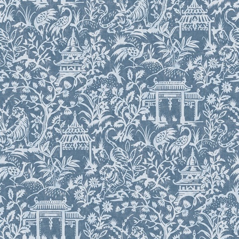 Denim Blue Weathered Garden Tiger & Crane Toile Wallpaper