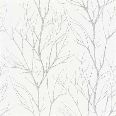 Diani White Metallic Textured Tree Branches Wallpaper