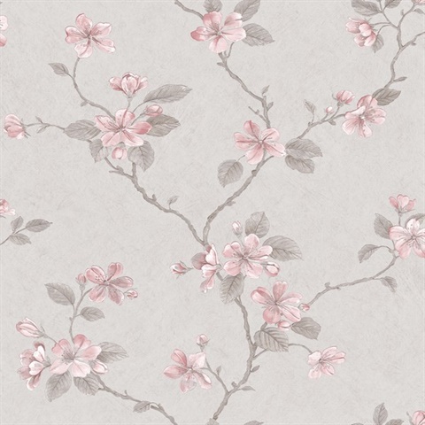 Taupe & Pink Dogwood Floral Wallpaper