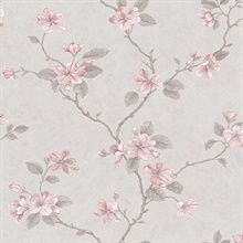 Taupe & Pink Dogwood Floral Wallpaper